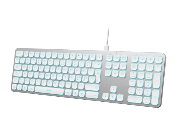 DELTACO TB-904 - Tangentbord - low profile, aluminum - full size - bakgrundsbelyst - USB, USB-C - QWERTY - Nordisk - silver, vit