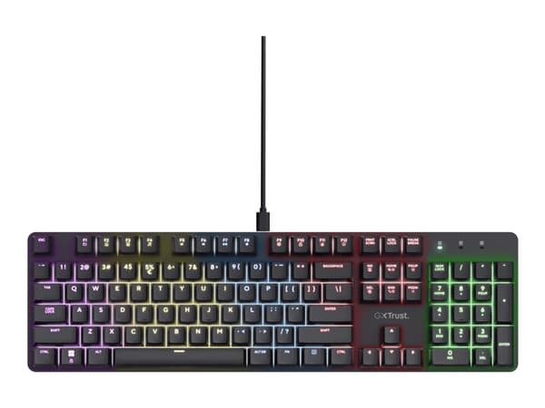 Trust GXT 871 Zora - Tangentbord - mekaniskt - full size - bakgrundsbelysning - USB - QWERTY - amerikansk - tangentbrytare: Huano White Linear - svar Svart