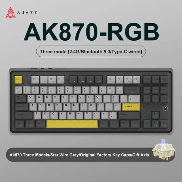 Ajazz AK870 RGB Mekaniskt Tangentbord, Anpassningsbar TFT-skärm, Tredubbel Anslutning,Grå RGB-present