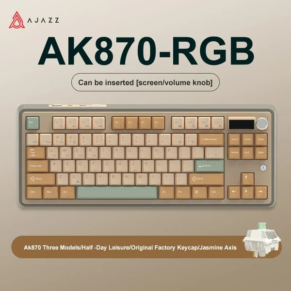 Ajazz AK870 RGB Mekaniskt Tangentbord, Anpassningsbar TFT-skärm, Tredubbel Anslutning,Gul RGB-skärm