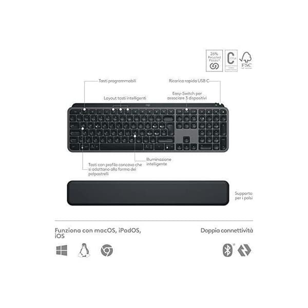 Combo Mus och Tangentbord - Logitech - MX Keys S &amp; MX Master 3S - Grafit - QWERTY Italiensk - Trådlös