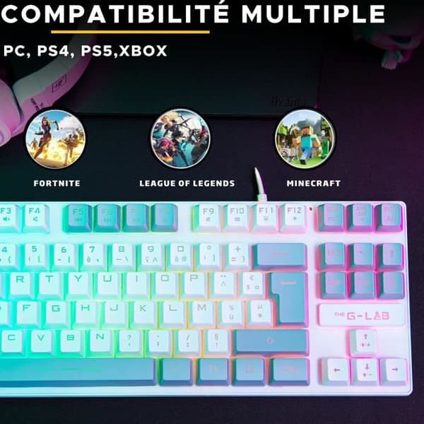 Clavier Gamer - The G-Lab - KEYZ CAESIUM - RGB - Vit &amp; grå - TKL