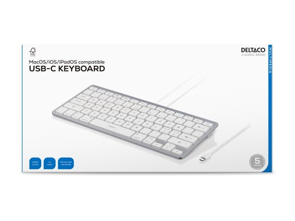 DELTACO TB-126-C - Tangentbord - för iOS/MacOS - 60% - USB-C - QWERTY - Nordic - vit, silver