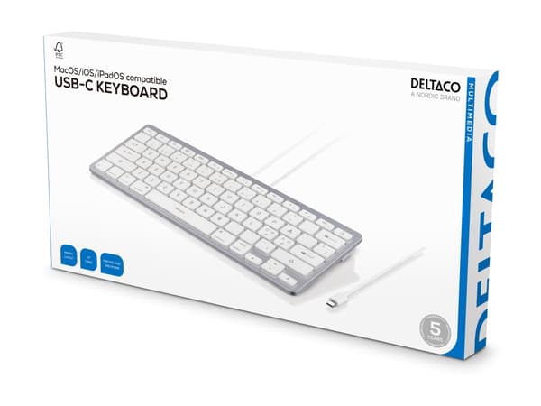 DELTACO TB-126-C - Tangentbord - för iOS/MacOS - 60% - USB-C - QWERTY - Nordic - vit, silver
