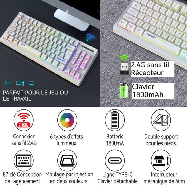 Trådlöst INN®-tangentbord 87 tangenter 1800mah USB-laddning trådbundet tangentbord 2,4G vattentåligt RGB färgglada belysningseffekter gamingtangentbo