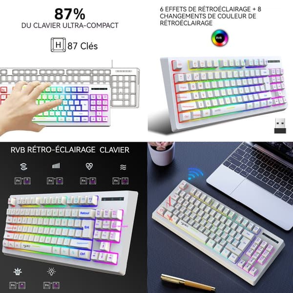 Trådlöst INN®-tangentbord 87 tangenter 1800mah USB-laddning trådbundet tangentbord 2,4G vattentåligt RGB färgglada belysningseffekter gamingtangentbo