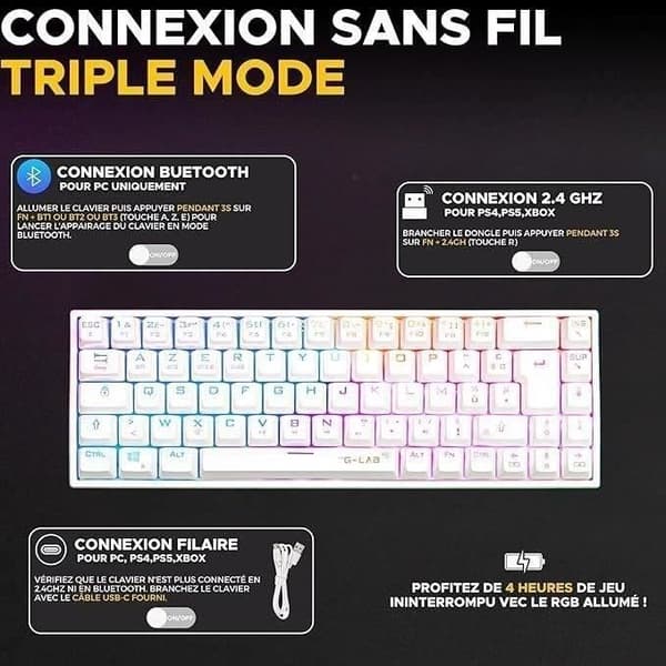 Trådlöst speltangentbord - The G-Lab - KEYZ TITAN - Mekanisk (röd switch) - Azerty - Trippelläge - RGB - Vit