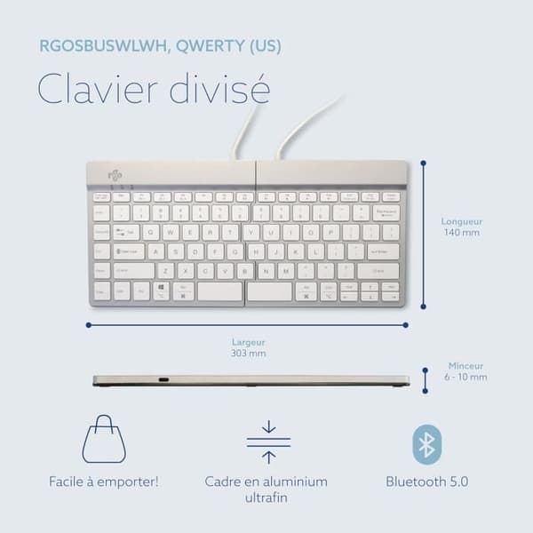 Ergonomiskt delat tangentbord - R-GO TOOLS - Bluetooth 5.0 - QWERTY US - Pausprogramvara - Vit