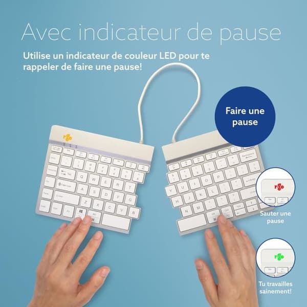 Ergonomiskt delat tangentbord - R-GO TOOLS - Bluetooth 5.0 - QWERTY US - Pausprogramvara - Vit