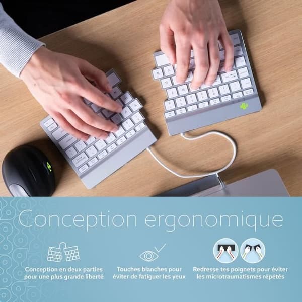 Ergonomiskt delat tangentbord - R-GO TOOLS - Bluetooth 5.0 - QWERTY US - Pausprogramvara - Vit