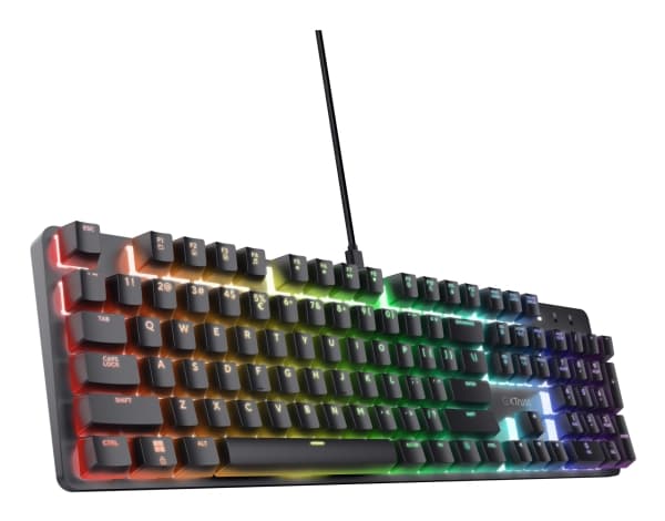 Trust GXT 871 Zora, Koblet med ledninger (ikke trådløs), USB, Mekanisk nøkkelbryter, QWERTY, RGB LED, Sort