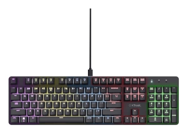 Trust GXT 871 Zora, Koblet med ledninger (ikke trådløs), USB, Mekanisk nøkkelbryter, QWERTY, RGB LED, Sort Sort