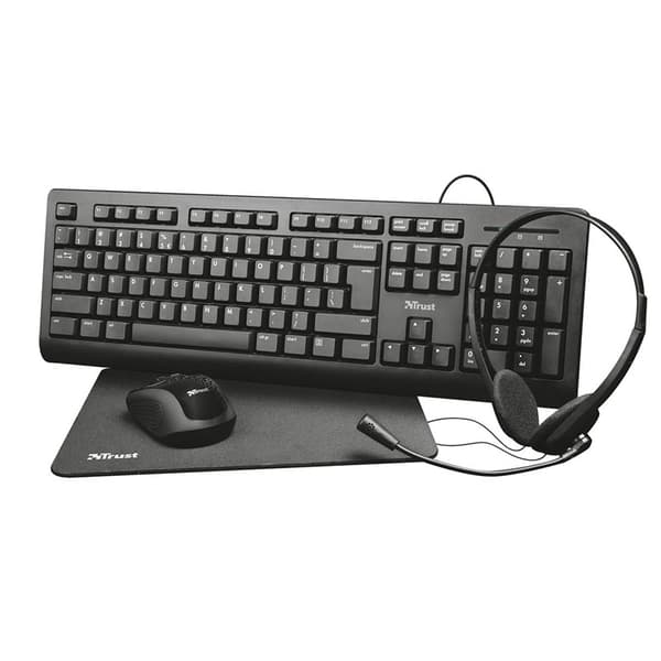 Trust Primo 4-i-1 - Sæt med tastatur, trådløs mus, headset og musemåtte