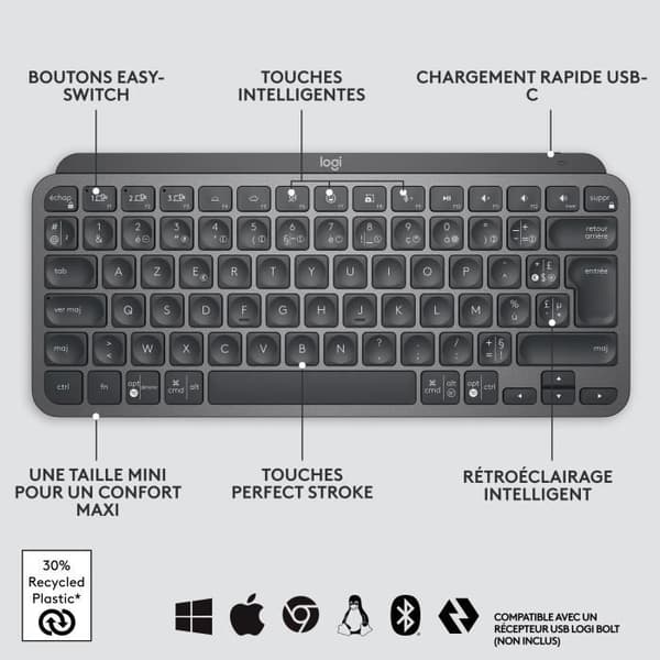Tangentbord - Trådlöst - Logitech - MX Keys Mini - bakgrundsbelyst - AZERTY - Svart