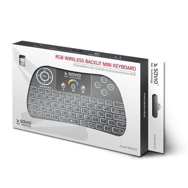 SAVIO KW-03 Belyst trådlöst minitangentbord RGB TV-box, Smart TV, konsoler, PC KW-03