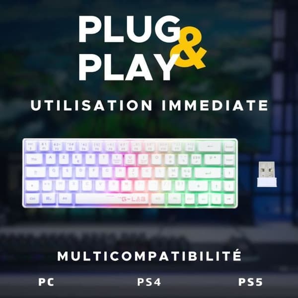 Gamer Tangentbord - Membran - The G-Lab - KEYZ HYDROGEN WL - Regnbågsbelysning - Trådlös - Semi-mekanisk - Azerty - Vit