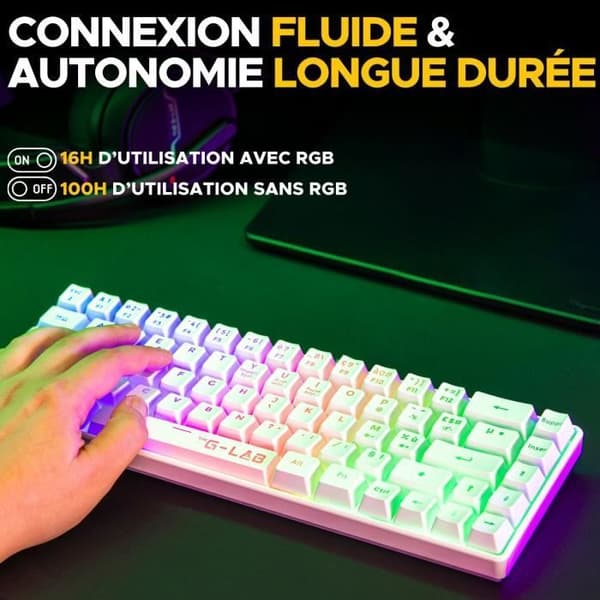 Gamer Tangentbord - Membran - The G-Lab - KEYZ HYDROGEN WL - Regnbågsbelysning - Trådlös - Semi-mekanisk - Azerty - Vit