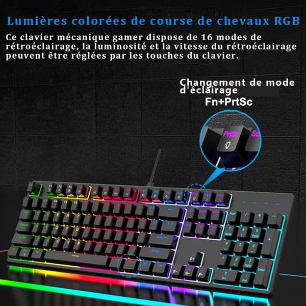 104 Toucher - QWERTY - Spelarbord - Mekaniskt Tangentbord - Blå Switchar - 16 RGB Bakgrundsbelysnings Effekter, Anti-Ghosting, Vit
