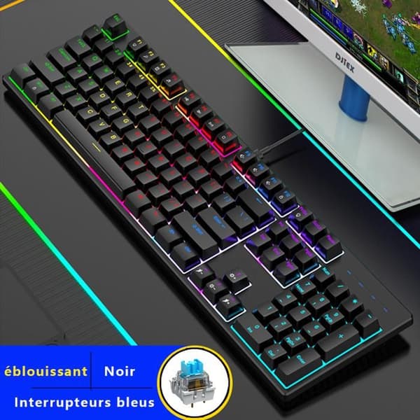 104 Toucher - QWERTY - Spelarbord - Mekaniskt Tangentbord - Blå Switchar - 16 RGB Bakgrundsbelysnings Effekter, Anti-Ghosting, Vit