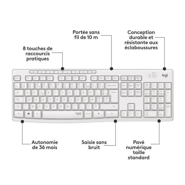 Tangentbordsmusset - Trådlös - Logitech - MK295 - Tyst - AZERTY - Vit