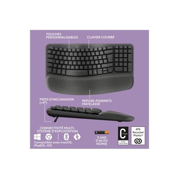 Logitech Wave Keys tangentbord ergonomiskt trådlöst, vadderat handledsstöd, naturlig och bekväm skrivupplevelse, Easy Switch