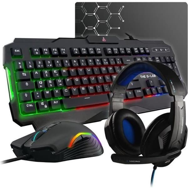 4 i 1 Gamer Pack - The G-Lab - COMBO ARGON - Kabelansluten mus - Kabelanslutet tangentbord - Kabelanslutet Headset - Musmatta Svart