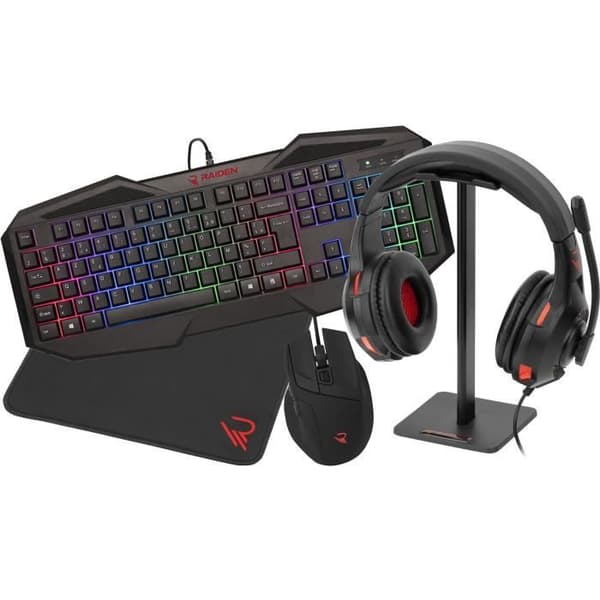 Subsonic Raiden - Paket med 5-i-1 speltillbehör för PC: QWERTY-tangentbord - Mus - Matta - Hörlurar och ställ för hörlurar