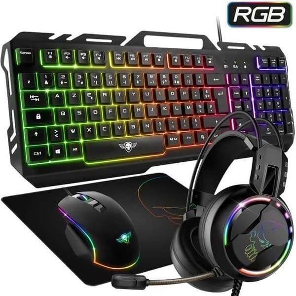 SPIRIT OF GAMER – PRO-MKH5 4-i-1-spelpaket – Anti-Ghosting RGB-tangentbord / 7-knappars RGB 6400 DPI-mus / RGB-headset / Matta inkl. Svart
