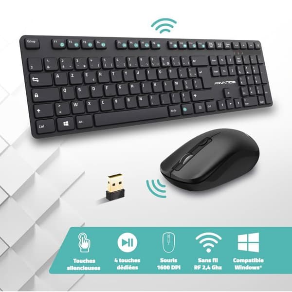 Pack 2 i 1 Tangentbord/Mus - Advance - WorkMate Plus - Trådlös 2.4 GHz - Tyst skrivning - 1600 DPI