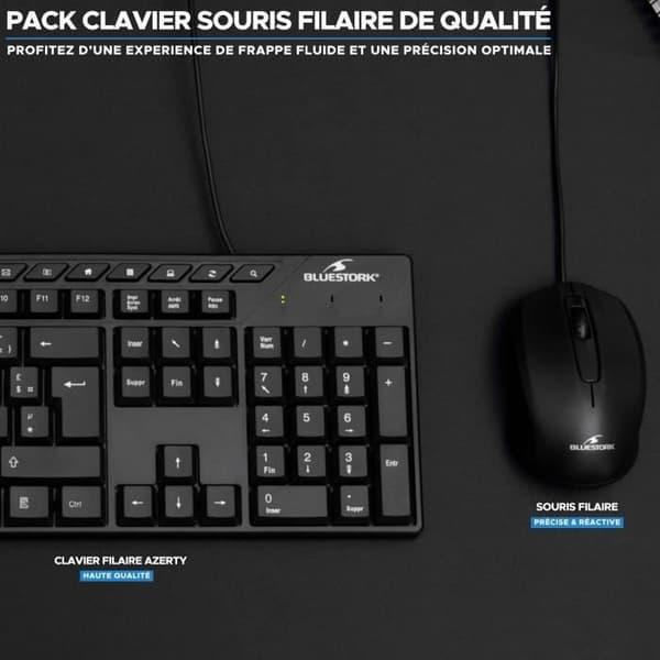 Tangentbords- och muspaket - BLUESTORK - MEDIA OFFICE - Trådbunden - Azerty - Windows-kompatibel - Svart