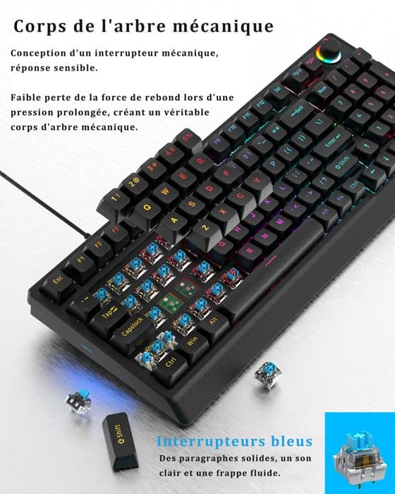 98 Touches - QWERTY - Mekaniskt Tangentbord - Speltangentbord - Blå Brytare - med Knapp, RGB LED Belysning, Anti-Ghosting