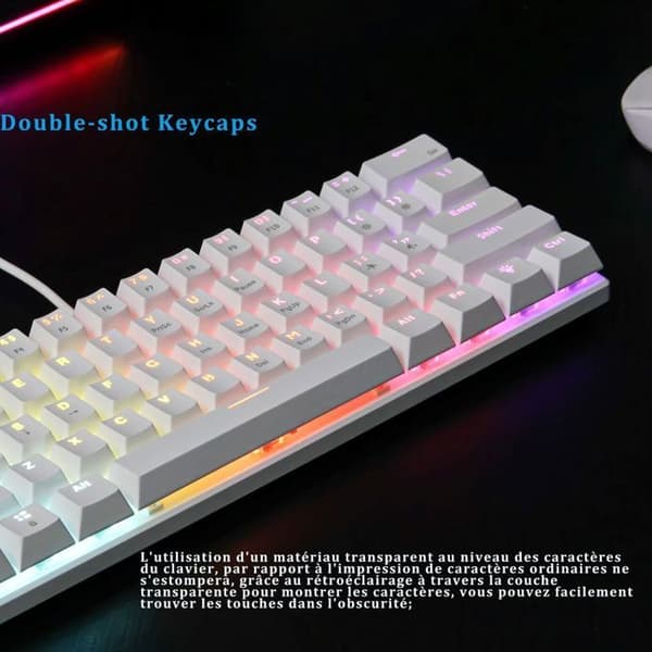 61 Beröringar - QWERTY - Spel Tangentbord - Mekaniskt Tangentbord - Brun Kontakt - 17 RGB Belysnings effekter, Anti-Ghosting, Vit