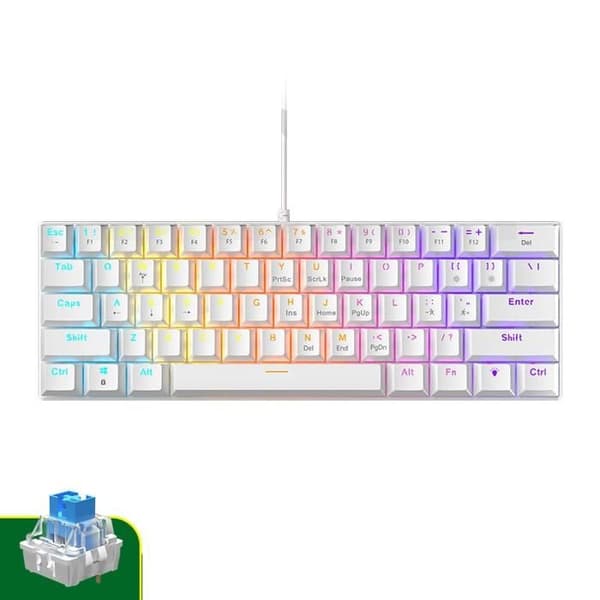 61 Beröringar - QWERTY - Spel Tangentbord - Mekaniskt Tangentbord - Brun Kontakt - 17 RGB Belysnings effekter, Anti-Ghosting, Vit