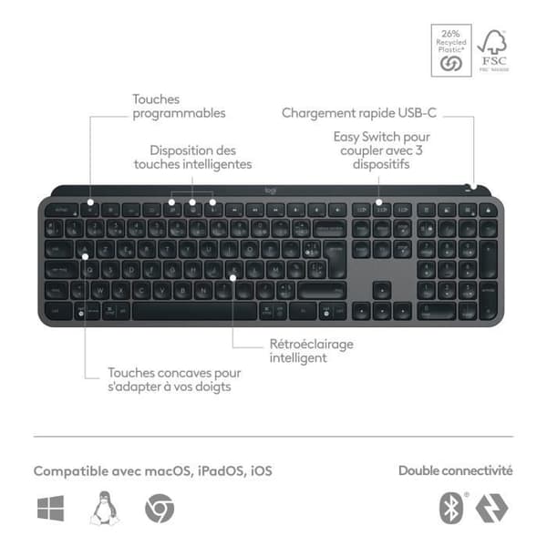 Logitech MX Keys S - tangentbord - AZERTY - Franska - grafit Indatavärdigt