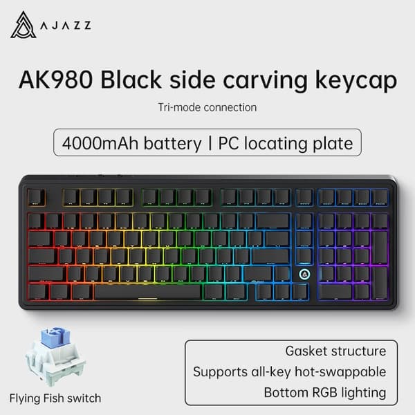 Mechanisk tangentbord, RGB-belysning, 4000mAh batteri, fullt hot-swappable tangenter,Sidan graverad svart