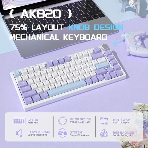 Mekaniskt tangentbord, ANSI 75% layout, rattdesign, hot-swap-funktionalitet,Oliv
