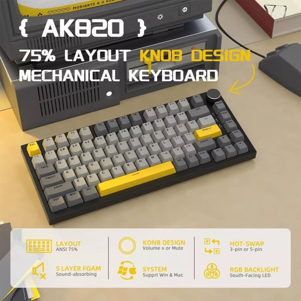 Mekaniskt tangentbord, ANSI 75% layout, rattdesign, hot-swap-funktionalitet,Marinblå