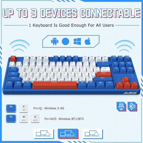 Trådlöst mekaniskt tangentbord, 87 tangenter, Bluetooth trådlös, USB-gränssnitt,blå
