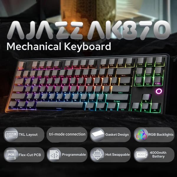 Mekaniskt tangentbord, 87 tangenter, Bluetooth trådlöst, hot-swappable switchar,grizzly