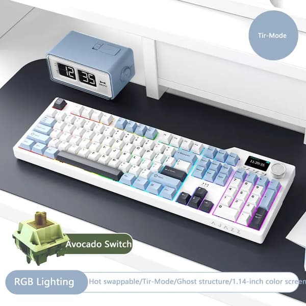 Mekaaninen näppäimistö, kuumavaihtoswitchit, 104 näppäimen asettelu, USB- ja Bluetooth-yhteys,sininen ja valkoinen