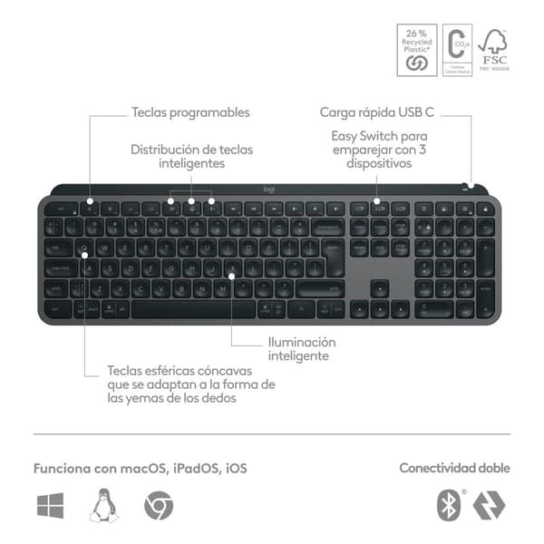 Langaton näppäimistö Logitech Espanjalainen Qwerty Grafiitinharmaa Teräs