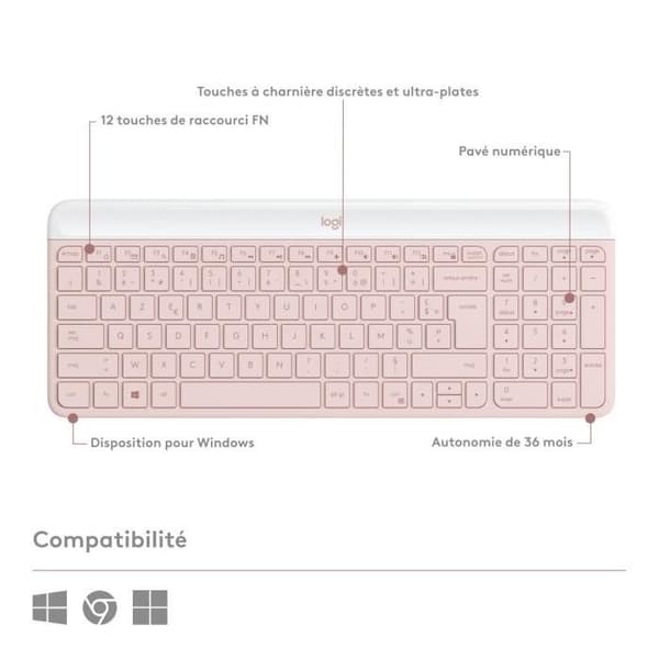 Tangentbordsmusset - Trådlös - Logitech - MK470 Slim - Tyst - AZERTY - Rosa