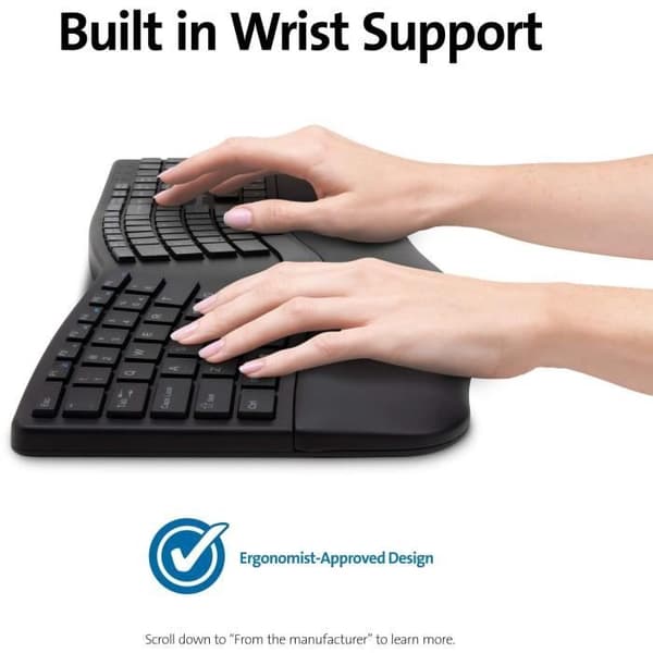 Kensington Pro Fit Ergo Wireless Keyboard - Trådlöst - 2,4 GHz, Bluetooth 4.2 - Franska - Svart