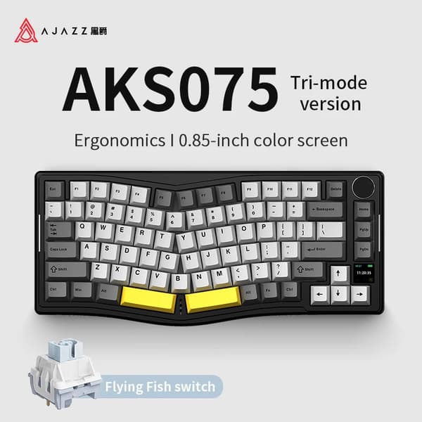 AKS075 Mekanisk tastatur, ergonomisk design, 0,85-tommer farveskærm,grå