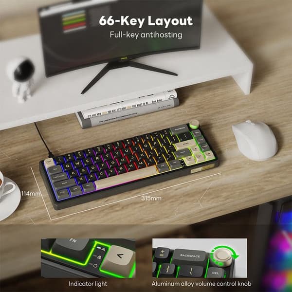 RK ROYAL KLUDGE R65 trådbundent mekaniskt tangentbord med volymknapp, PBT-belysningstangenter med RGB som kan bytas ut varmt