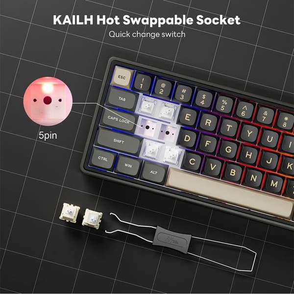 RK ROYAL KLUDGE R65 trådbundent mekaniskt tangentbord med volymknapp, PBT-belysningstangenter med RGB som kan bytas ut varmt