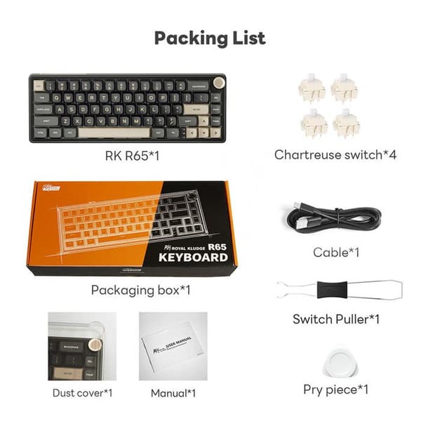 RK ROYAL KLUDGE R65 trådbundent mekaniskt tangentbord med volymknapp, PBT-belysningstangenter med RGB som kan bytas ut varmt