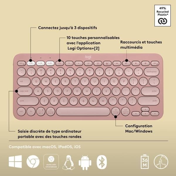 Logitech Pebble Keys 2 K380s Bluetooth trådlöst tangentbord för flera enheter - Rosa