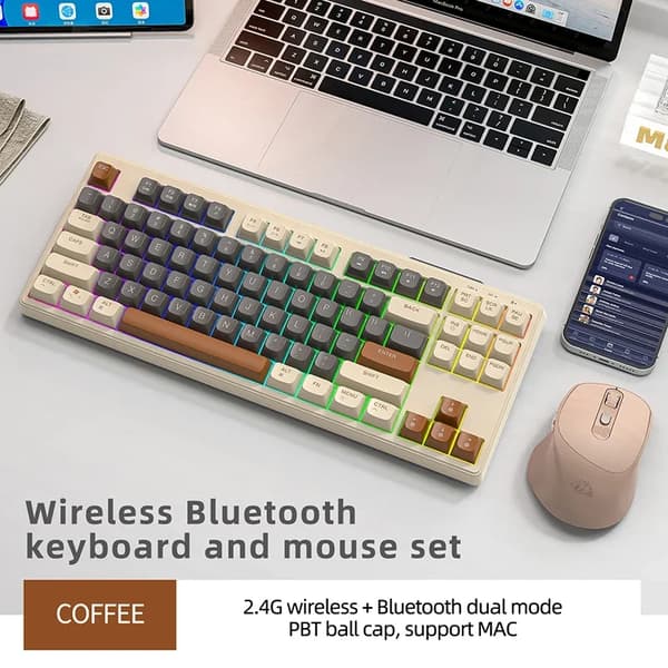 Trådløst Bluetooth-tastatur, 87-tast layout, Bluetooth dual mode, PBT-tastkapsler,Kaffesæt