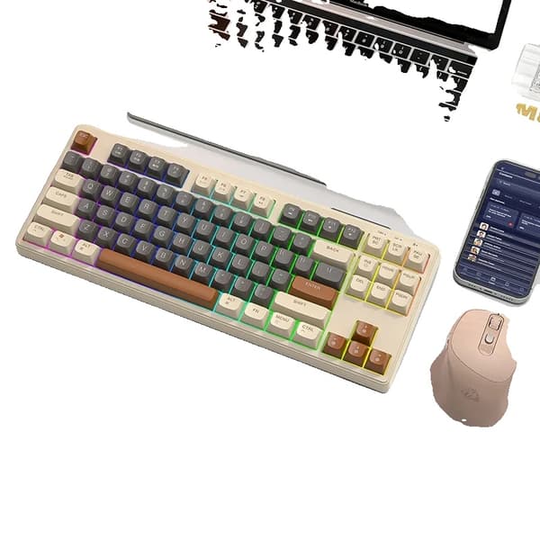 Trådløst Bluetooth-tastatur, 87-tast layout, Bluetooth dual mode, PBT-tastkapsler,Kaffesæt